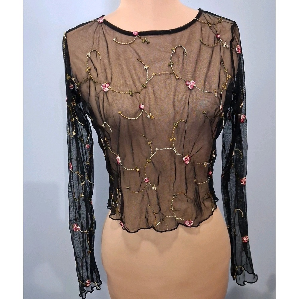 La Hearts Mesh Crop Top M Black Sheer‎ Floral Embroidered Gothic Grunge Festival